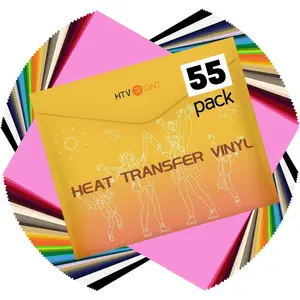 Heat Transfer Vinyl - 55 Pack 12" x 10" Iron on Vinyl for Cricut, 44 Assorted Colors HTV Vinyl with 1 Teflon Sheet for All Cutter Machine - Easy to Cut & Weed for Heat Vinyl Design