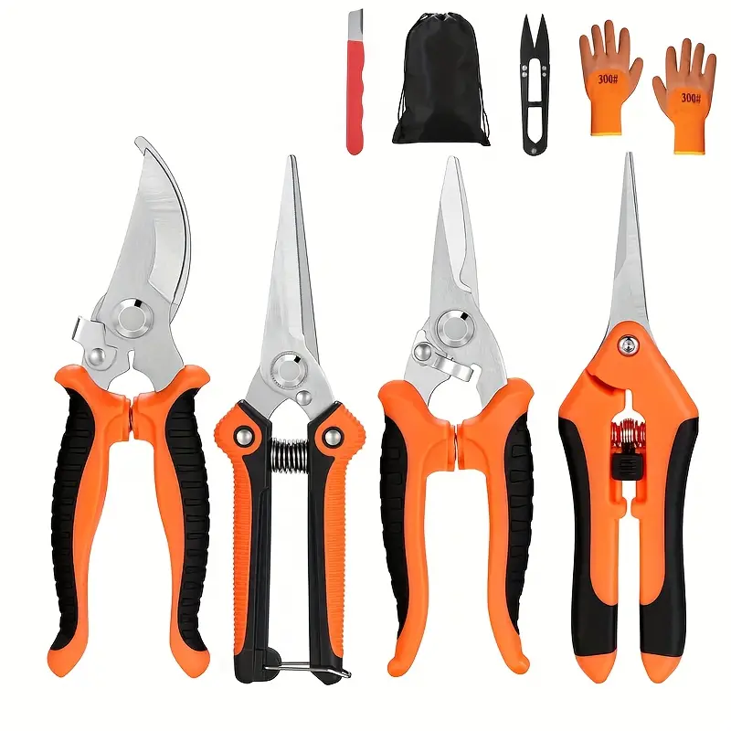 8 Pack Professional Pruning Shears Set, 4 Types Garden Trimming Scissors with Gloves, Storage Bag, Pruning Knife & Spring Spare Parts, Heavy Duty Bypass & Straight Floral Clippers for Plant Branch Flower Tree Trimming