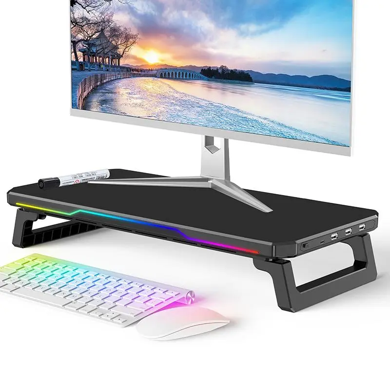 Adjustable Monitor Riser Stand, Foldable Computer Desk Organizer, RGB Lighting Display Elevation Rack, Office Storage Solution
