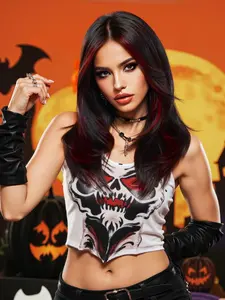 Heat Resistant Synthetic Wig, with Highlights, 18 Inch Straight Hair with Bangs, Perfect for Daily Wear & Halloween Decorations