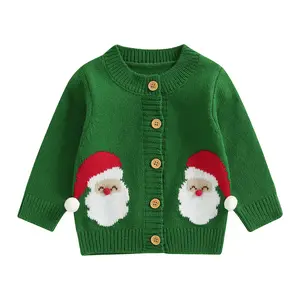 FOCUSNORM Toddler Baby Girl Boy Christmas Sweater Santa Print Long Sleeve Embroidery Knit Cardigan Fall Winter Outfits Knitwear