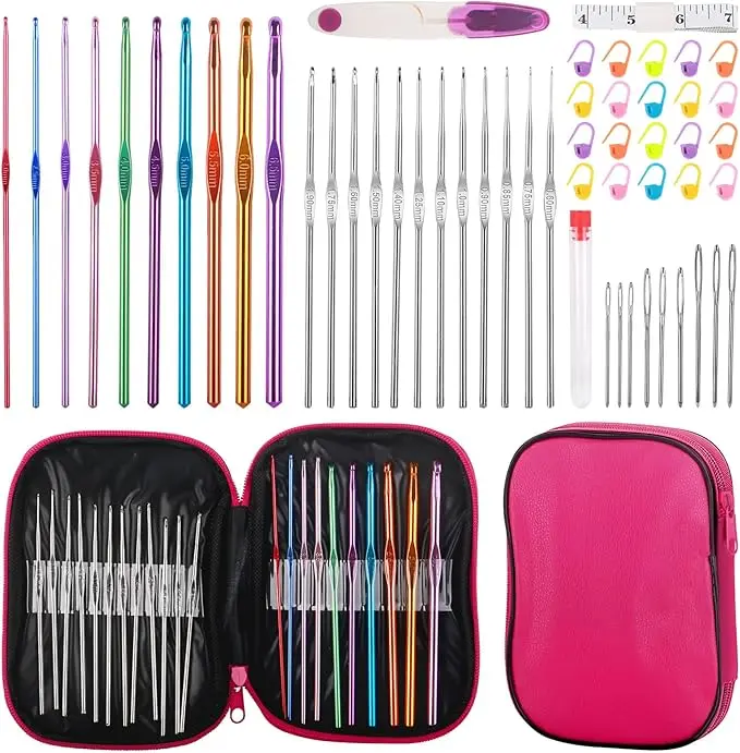 MECHEER 54 Pcs Crochet Needles Set with Storage Case Ergonomic Knitting Hooks Stitch Marker DIY Hand Knitting Craft Art Tools for Beginners