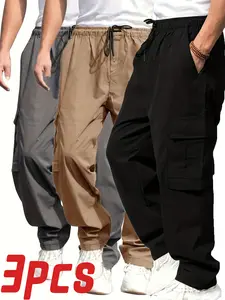Men's 3 Pack Of Lightweight Sweatpants Men's Plus Size Straight Drawstring Gym Sweatpants Casual Pants With Pockets, Men's Straight Leg Pants, Mid Rise Loose And Skinny Side Pockets Casual Party Sports Fall Pants