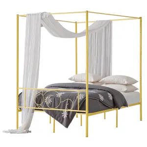 【fathersdaygift】VEVOR Full Size Canopy Bed Frame,Metal Canopy Bed with Minimalist Headboard & Four Posters DesignHeavy Duty Steel Slats SupportUnderbed Storage SpaceNo Box Spring NeededEasy AssemblyGold