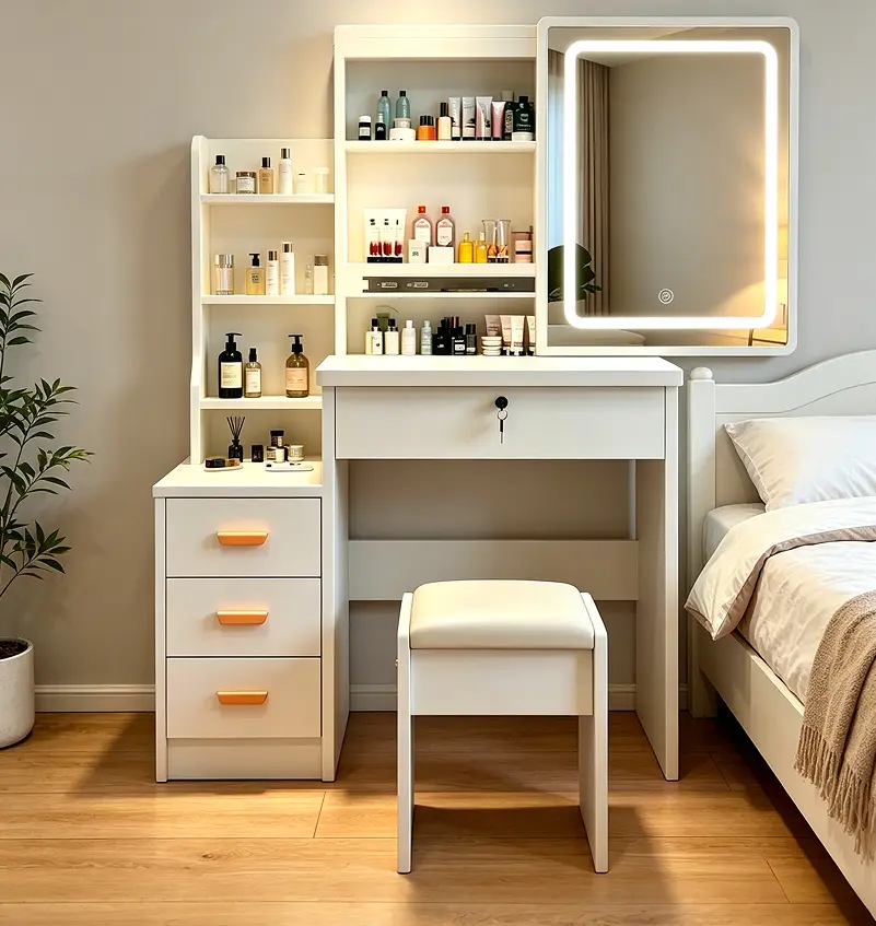 Modern White Makeup Vanity Set with Vanity Chair, 3-Color LED Light Sliding Mirror, 4 Drawers, 1 Shelf, Storage for Makeup Organization, Ideal for Girls' Bedrooms, Mother's Day Gift
