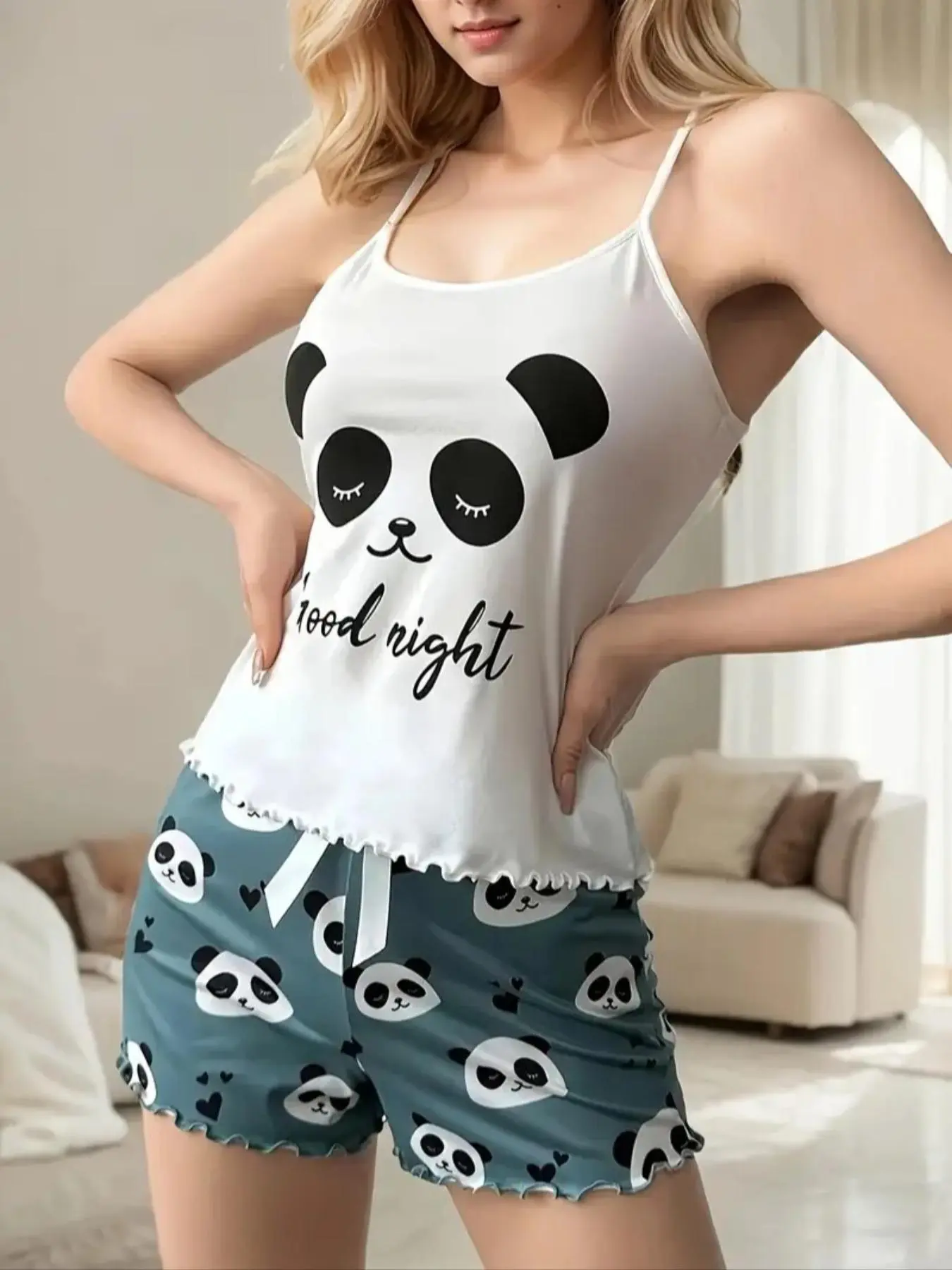 Women's Panda Print Spaghetti Strap Cami Top & Shorts Pajamas, Cute Comfy PJ Set for Women, Women's Sleepwear & Loungewear for Summer, Womenswear