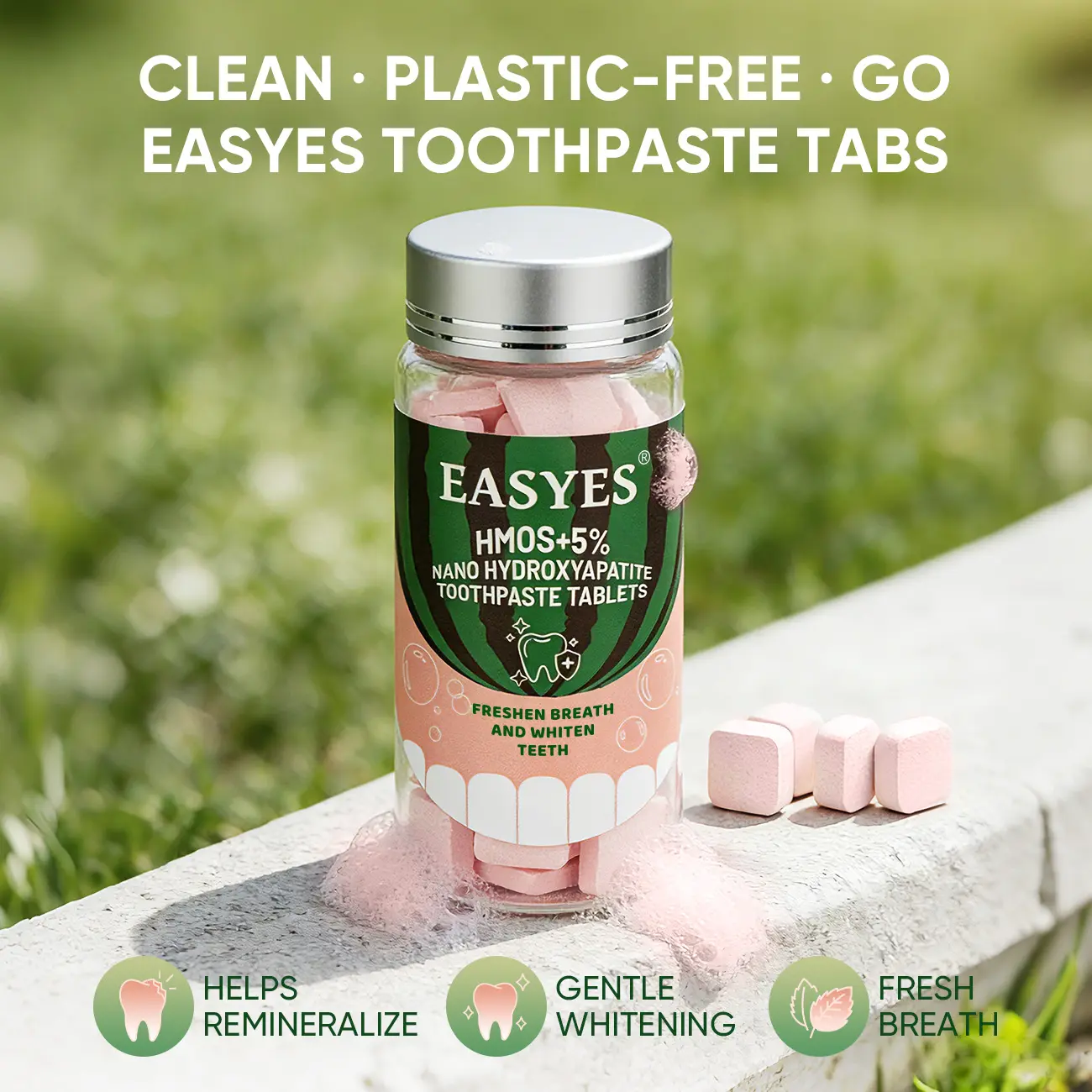 【Easyes】 HMOs hydroxyapatite toothpaste tablets - chewable toothpaste tablets whitening teeth fresh breath enamel strengthening Highly Portable watermelon Mint flavor Fights Oral Bacteria fluoride free travel toothpaste