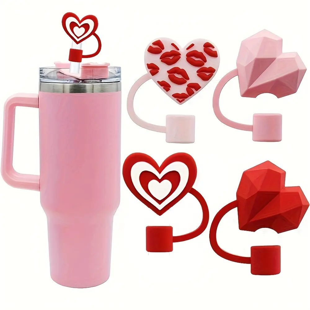 4pcs Heart Shaped Silicone Straw Caps, Silicone Straw Topper, for 30 Ounce and 40 Ounce Handled Mugs 10mm Straw Opening Perfect for Back to School Gifts Reusable Kitchen and Restaurant Accessories Decorative Straw Covers Drinkware Lid