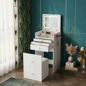 3 In 1 Makeup Vanity Desk With Flip Top LED Mirror 3 Color Modes 19 Inch Compact Vanity Table Glass Desktop Built-in Power Outlet 3 Storage Drawers With Padded Storage Stool Space Saving Dressing Table Ideal Gift For Girls Women Bedroom Christmas Home Dec