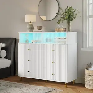ChooChoo 6 Drawer Dresser with LED Lights, Modern White and Gold Dresser with Large Capacity, Chests of Drawers with Acrylic&Stripe Design for Bedroom, Hallway, Entryway