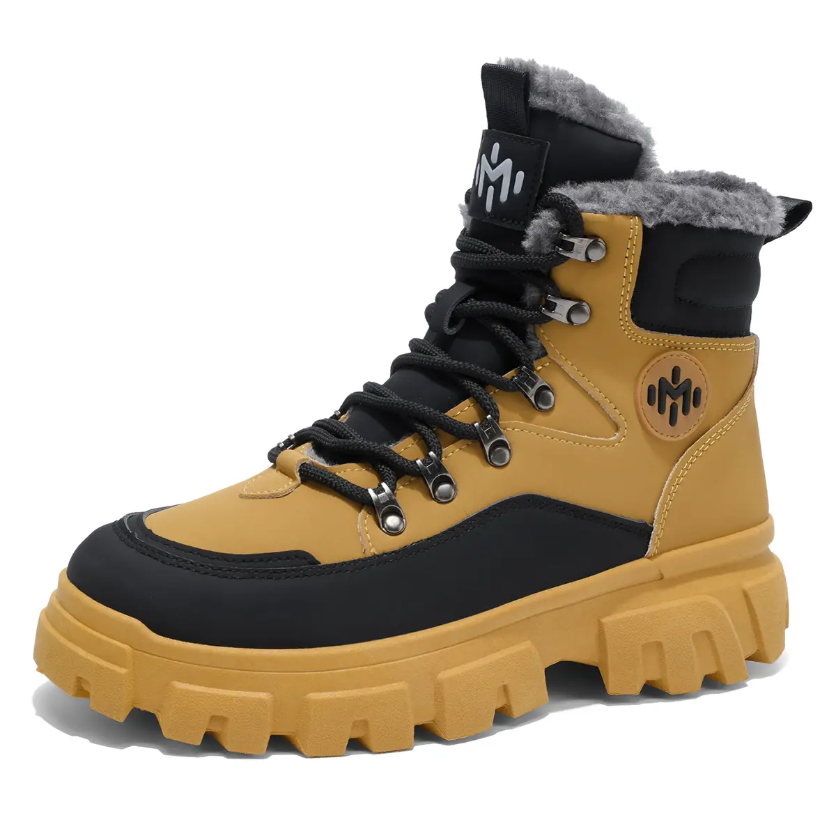 Men's Yellow Black Two-Tone Fleece Lined Winter Work Boots High Ankle Waterproof Leather Rugged Lug Sole Non Slip Warm Cold Weather Hiking Shoes