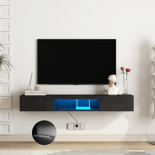 【Bellemave】Floating TV Stand Wall Mounted with 16 Color LEDs,63" 69"Modern TV Stand, Floating TV Cabinet Entertainment Center for 55 60 65 Inch TV,Black