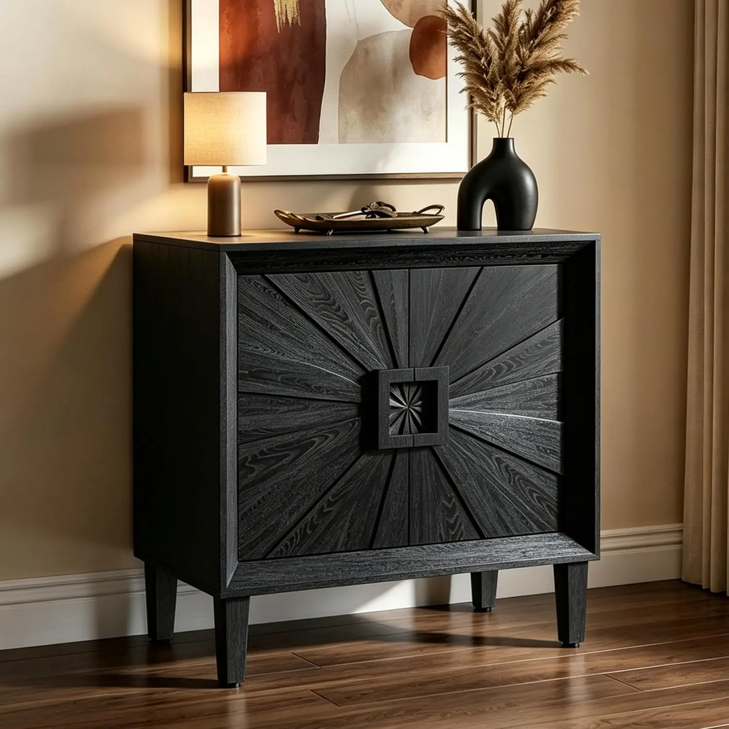 31.5" Antique Mid-Century Modular Credenza Sideboard Buffet, Small Space Cabinet with Symmetrical Sunburst Doors, Accent Cabinet with Adjustable Shelves for Dining Room, Entryway & Hallway,Black