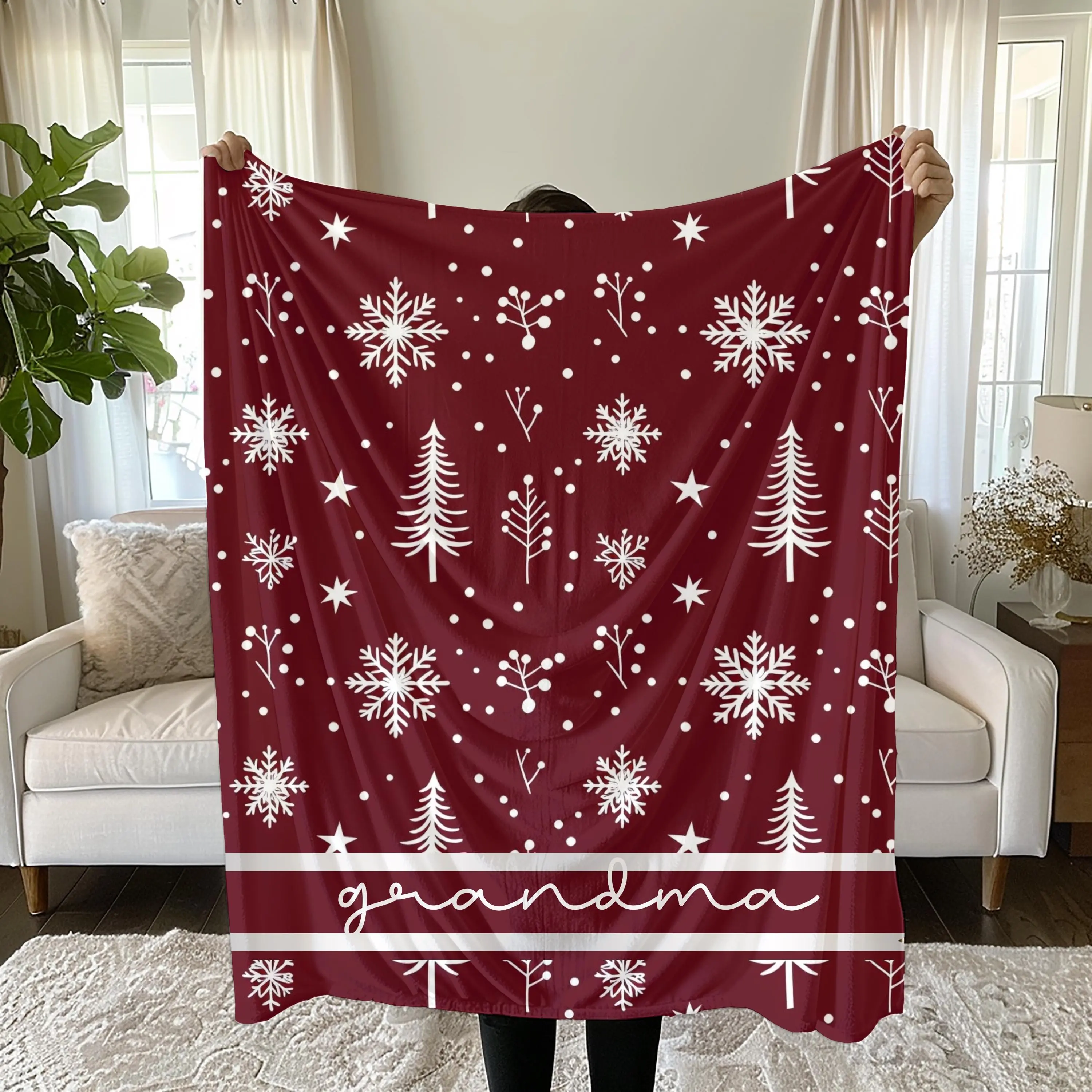 Personalized Christmas Blanket Grandma Blanket Winter Snowflake Throw Holiday Gift for Grandma Cozy Christmas Decor, Soft Flannel Plush Sofa Couch Bed Living Room Holiday Home Gift
