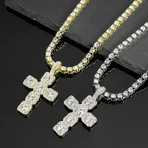 2026 New Hip Hop Cross Pendant Necklace Men 4mm Rhinestone Tennis Chain Iced Sparkling Necklace Women Punk Jewelry Fashion Gift