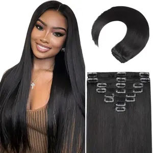 Clip in Hair Extensions Real Human Hair, 20 Inch 105g/3.7oz, 1B Natural Black, Invisible Seamless Straight Remy Human Hair Clip in Extensions for Women 8pc