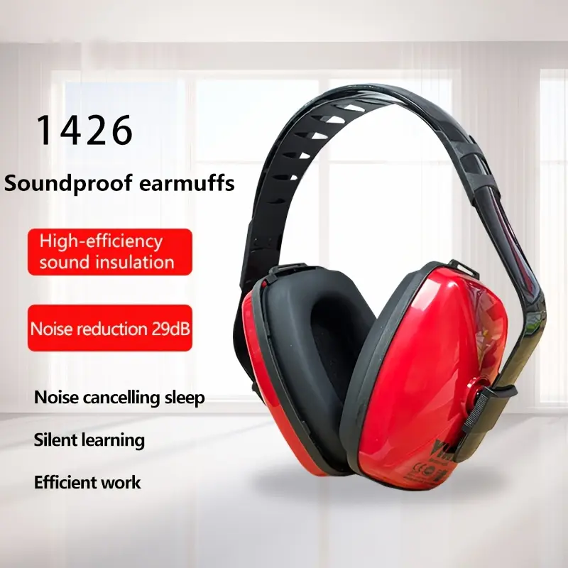 VIAN High-Performance Noise-Canceling Ear Muffs - Sound Insulating, Comfortable Padding, 29Db Quietness for Studying & Sleeping, Industrial Quality, Red & Black with Adjustable Head Strap