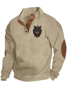 Men's autumn and winter knitted sweater, with diamond-patterned and leather patchwork, the retro Wolf head print is eye-catching. The half-open collar design is casual yet stylish, fallfashion,Christmas,Black Friday,boyfriend gift.