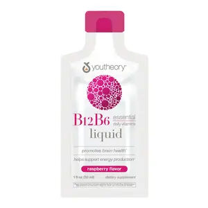 Youtheory Vitamin B12 B6, Daily Energy and Brain Support Supplement, Liquid Raspberry Flavor, 12  1oz Single Serving Packets