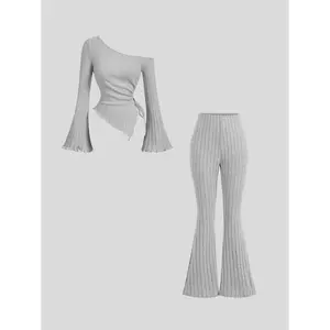 Women's Solid Drawstring Ruched Top & Flare Leg Pants Two-piece Set, Casual Fashion Cozy  Asymmetrical Neck Top & Trousers for Daily Outdoor Wear, Women's Clothing for Spring & Fall