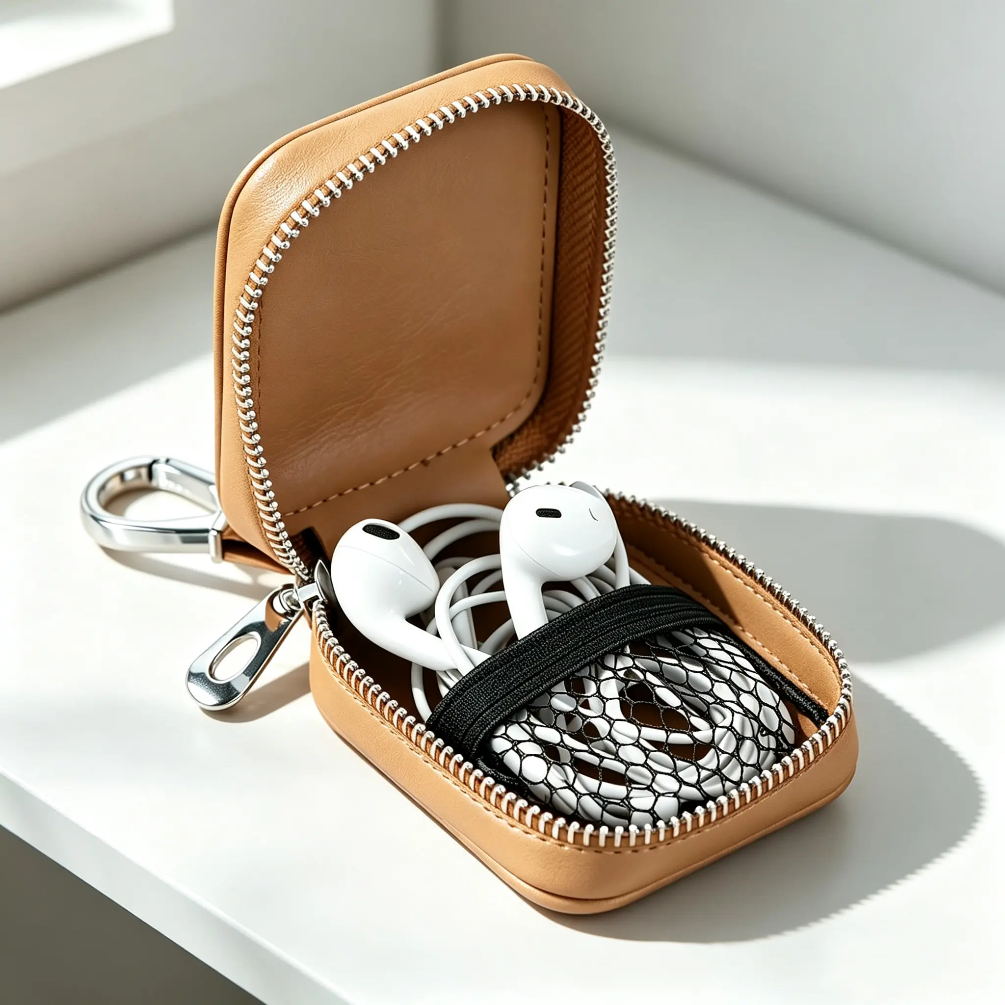 Small Textured PU Leather Earbuds Case, Protective Audio Organizer with Metal Keyring & Mesh Pocket for Charging Cables, Protection
