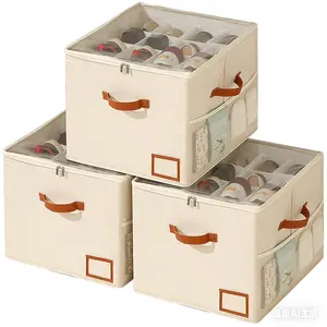 3 Pack Shoe Organizer for Closet, Foldable Shoe Storage Containers, Fits 24-48 Pairs, Shoe Storage Organizer Box Cubby Baskets Bins with Clear Cover and Reinforced Handles, Shoe Organizer for Closet, Durable and Space-Saving,Beige