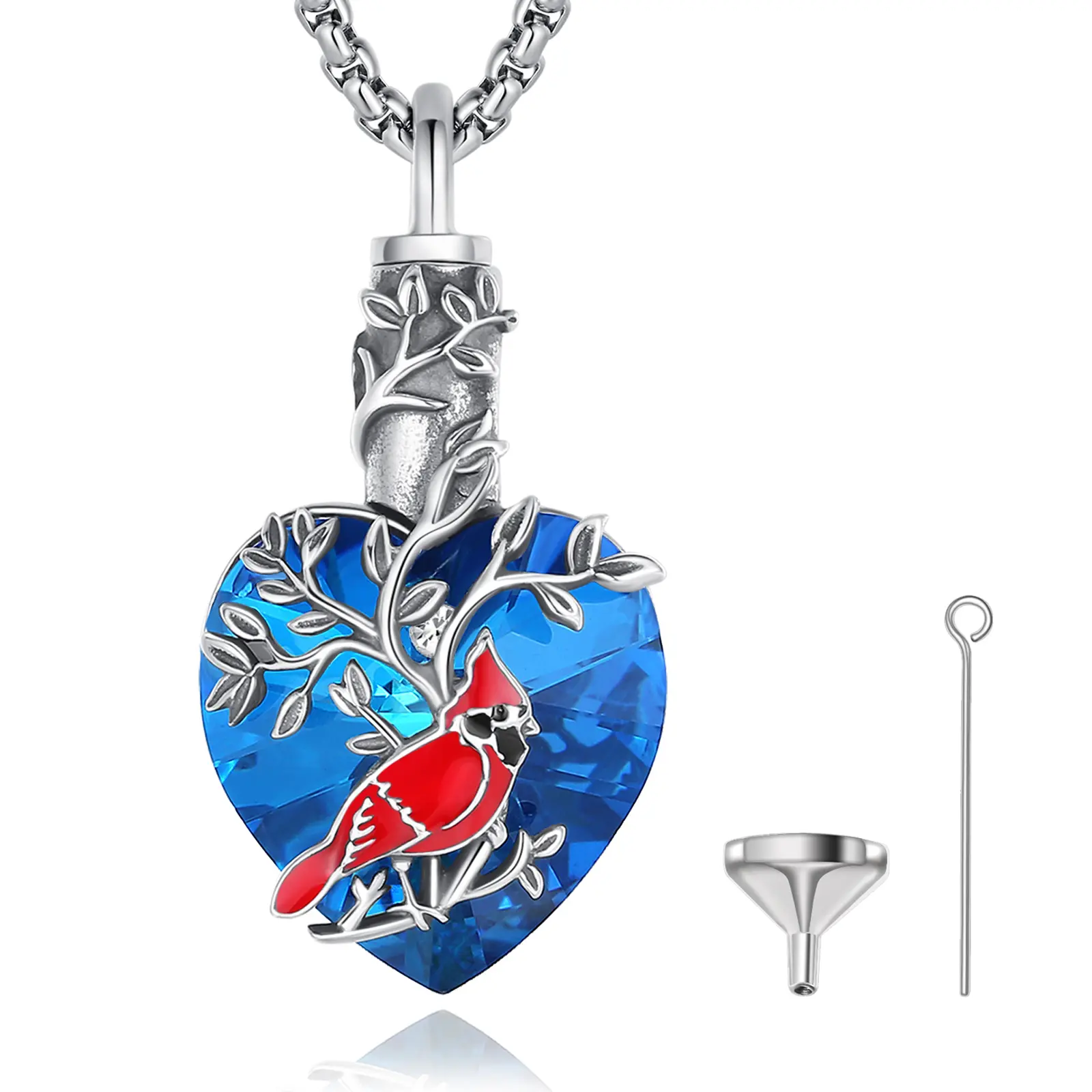 Eudora S925 Sliver Teardrop Cremation Necklace, Forever In My Heart Ashes Keepsake, Cardinal Urn Pendant, Blue Heart & Moonstone, Memorial Jewelry Sympathy Gift
