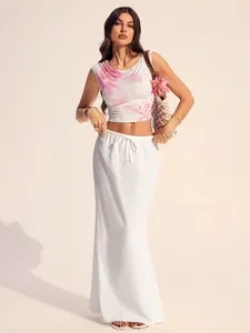 A women's white drawstring high-waist long Maxi skirt, Womenswear, lightweight and comfortable, suitable for relaxed occasions such as vacations, daily shopping, or casual dates.