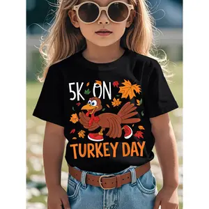 ' Funny Thanksgiving Turkey Trot 5K Graphic T-Shirt - Soft Breathable Short Sleeve Tee with Cartoon Turkey & "5K On Turkey Day" Design for Boys & Girls, Casual Holiday Outfits, Turkey Day Jogging Party Apparel