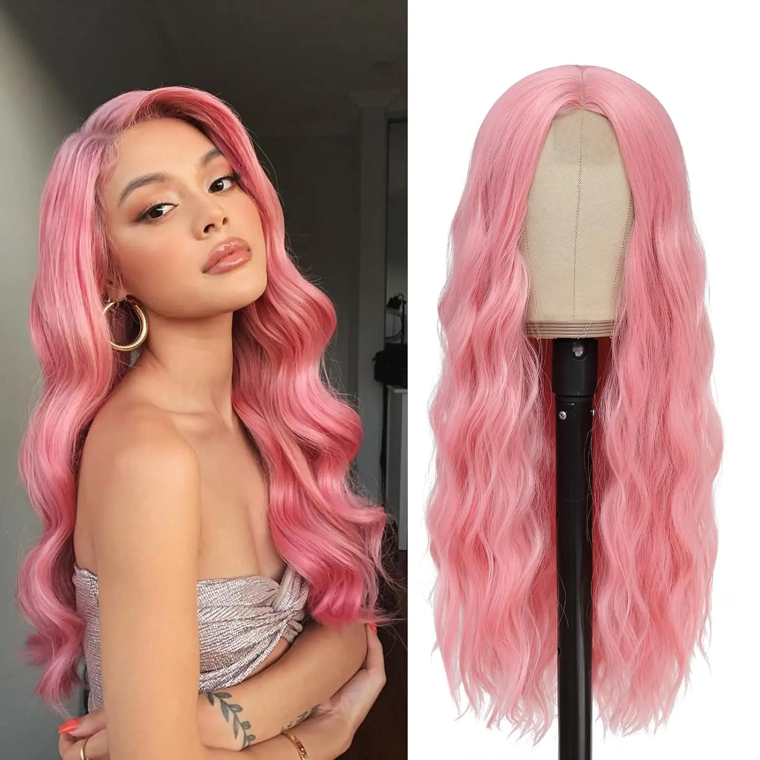 Pink Wig Long Wavy Wigs for Women Middle Part 26inch Natural Curly Synthetic Wig Heat Resistant Fiber Wigs for Daily Party Use