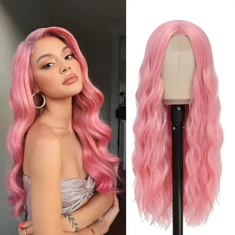 Pink Wig Long Wavy Wigs for Women Middle Part 26inch Natural Curly Synthetic Wig Heat Resistant Fiber Wigs for Daily Party Use