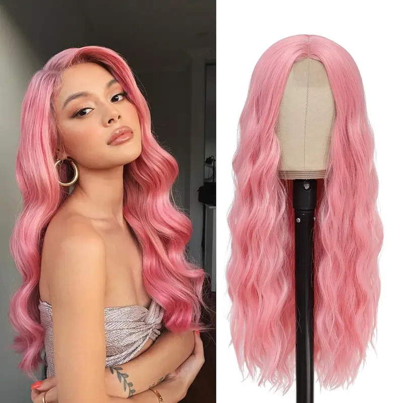 Pink Wig Long Wavy Wigs for Women Middle Part 26inch Natural Curly Synthetic Wig Heat Resistant Fiber Wigs for Daily Party Use