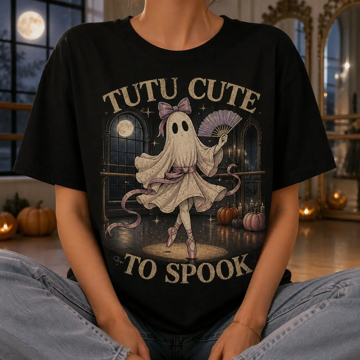 Ballerina Ghost Halloween Shirt Tutu Cute to Spook Dance Graphic Tee for Women