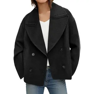 Tankaneo Womens Cropped Wool Blend Pea Coat Casual Long Sleeve Double Breasted Notched Lapel Overcoat Jackets