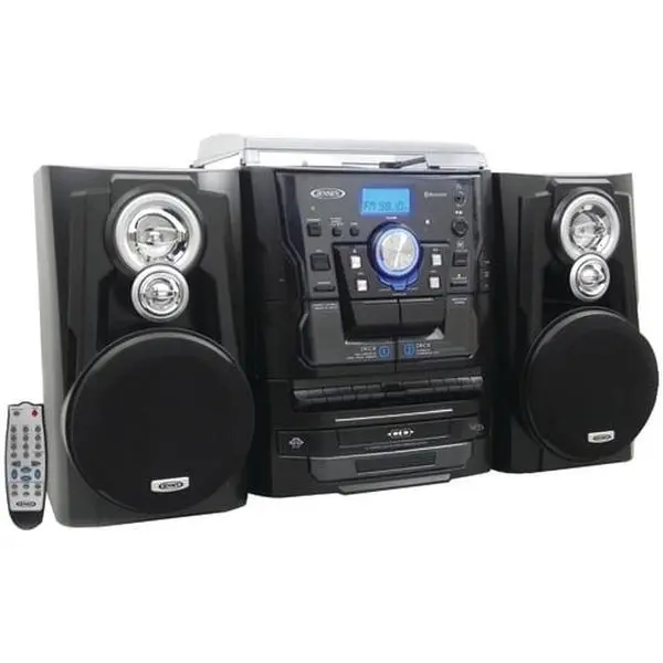 Jensen JENJMC1250 Multifunction Bluetooth 3.0 Stereo Player - 3-Speed Turntable with Dust Cover, 3-CD Changer, Dual Cassette Deck, Audio Speaker, Digital LCD Display with LCD Backlight, Remote Control, Headphone Jack, Auto Stop