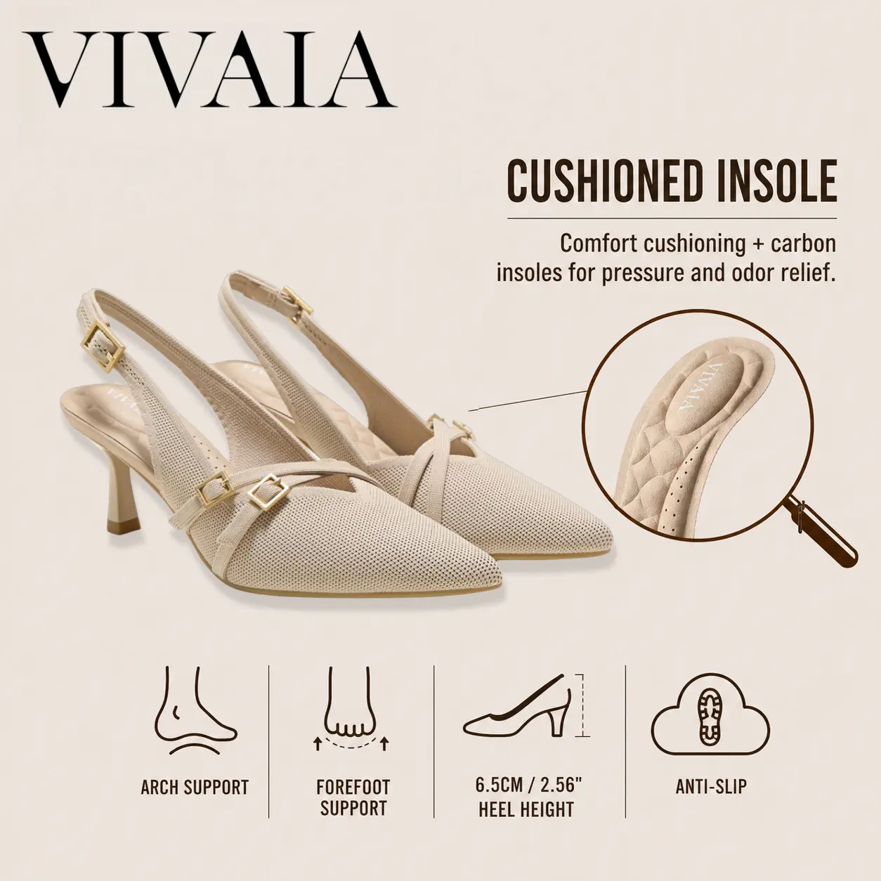 VIVAIA Arch Support PointEase Slingback Kitten Heels, Comfortable Pointed-Toe Stilettos Heels, Anti-Rub Blister-Free Dress Shoes, Elegant Professional to Evening Pumps(Adela) Footwear Women Girl Summer, Kitten Heels For Women