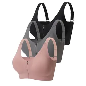 3-piece seamless tank top sports bra with adjustable front zipper and removable pads - no underwire, medium support, women's T-shirt style bra, suitable for gym, yoga - black/pink/beige, workout essentials, smooth texture, breathable fabric, sui