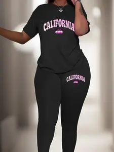 【Plus Size】 Two-Piece Set Letter Print Tee & High Waist Skinny Pants, Casual Round Neck Short Sleeve T-shirt & Trousers for Daily Wear, Women's Two-piece Outfits for Fall & Winter, Womenswear