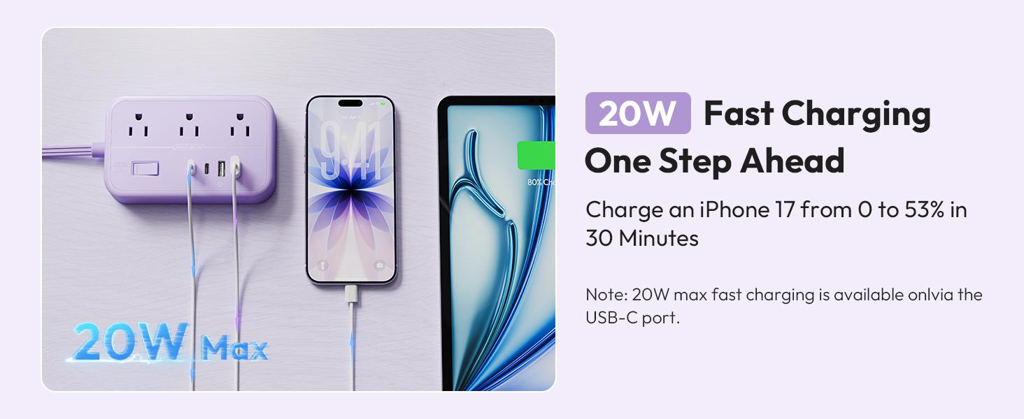 20W USB C Power Strip with Surge Protection,6 Outlets 4 USB Ports(20W 2USB C), Flat Extension Cord with Multiple Outlets, 1080 Joules, 5 ft Flat Plug Outlet Extender for Indoor, Office Supplies, Dorm Room Essentials