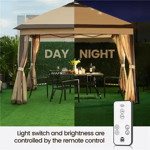 【Remote with Solar LED Lights Gazebo】Yaheetech 11×11FT Pop-Up Gazebo Tent with 17 Solar LED Lights and Mesh Netting Sides, Outdoor Shelter Sun Shade Gazebo Height Adjustable with Carry Bag