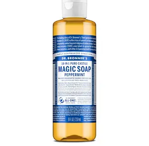 Dr. Bronner's Pure-Castile Magic Liquid Soap (Peppermint, 8 Ounce)- Made with Organic Oils, 18-in1 Uses: Face, Hair, Hand & Body Soap, Laundry, Pets- Concentrated, Vegan, Non-GMO