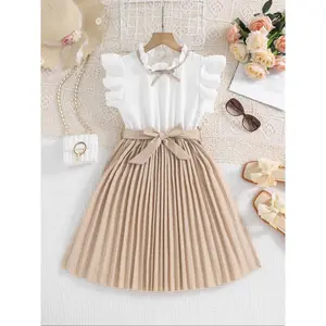 Girl's Patchwork Print Bow Decor Bubble Sleeve Dress, Elegant Fashion Casual A Line Dress Daily Outdoor Wear, Toddler Girls Dress All Seasons