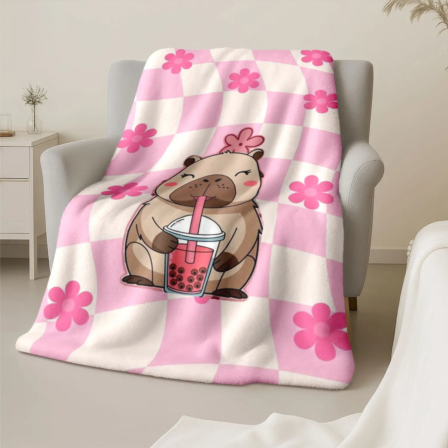 1pc-Super comfortable and cute flannel throw blanket with capybara checkerboard pattern design on a pink background, high-definition digital printing leisure blanket, all- universal cover blanket