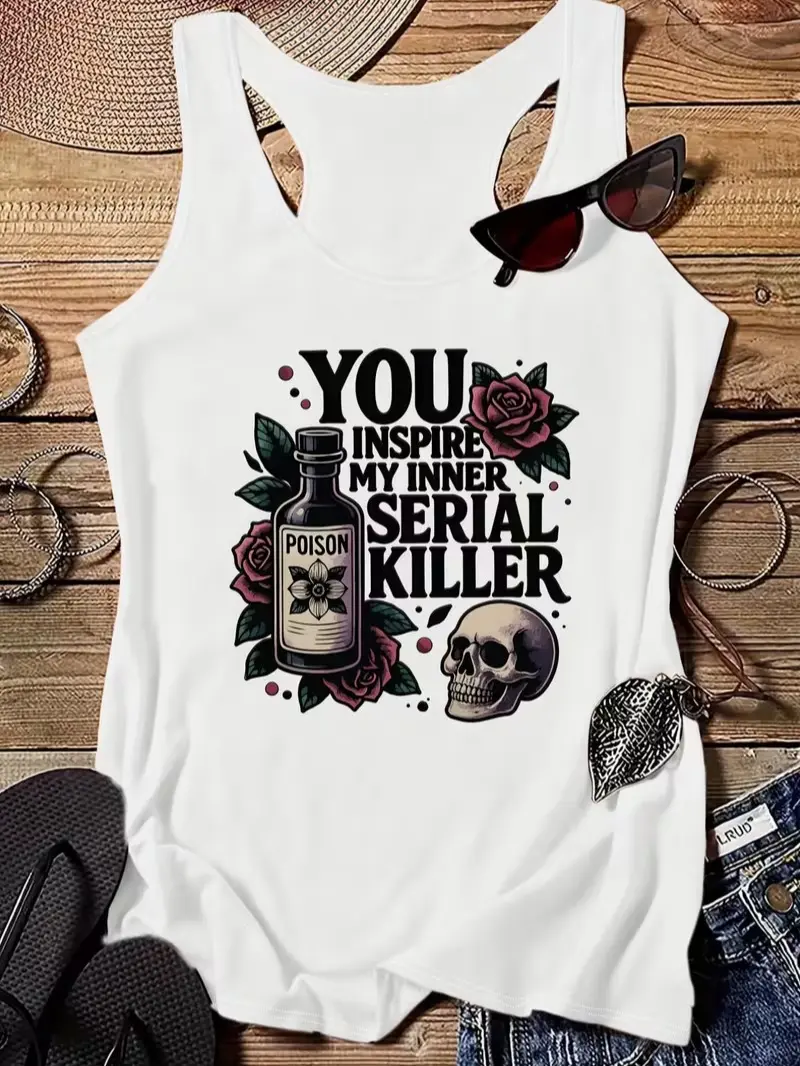 Lady's Gothic Sleeveless Tank Top, Everyday Breathable Design, Edgy Skull & Poison Prints, "Serial Killer" Quote