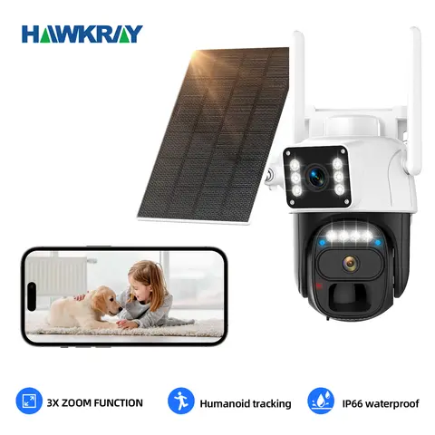 Hawkray 2K Solar Dual-Lens WiFi Surveillance Camera - Cordless 360°PTZ 3MP IP66 Waterproof Indoor/Outdoor Camera, 3x Zoom, Monitoring, 2-Way Audio, Dual-Screen, Color Night Vision, PIR Motion Sensor, Auto Tracking, Spotlight, Siren Alarm, Cloud Storage