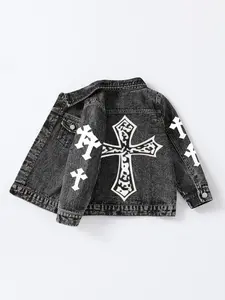 Fashionable Cross Pattern Washed Denim Jacket, Comfortable Fabric, Classic Fit, Casual Style, Suitable for All Seasons, Kids Ages 8 and Below