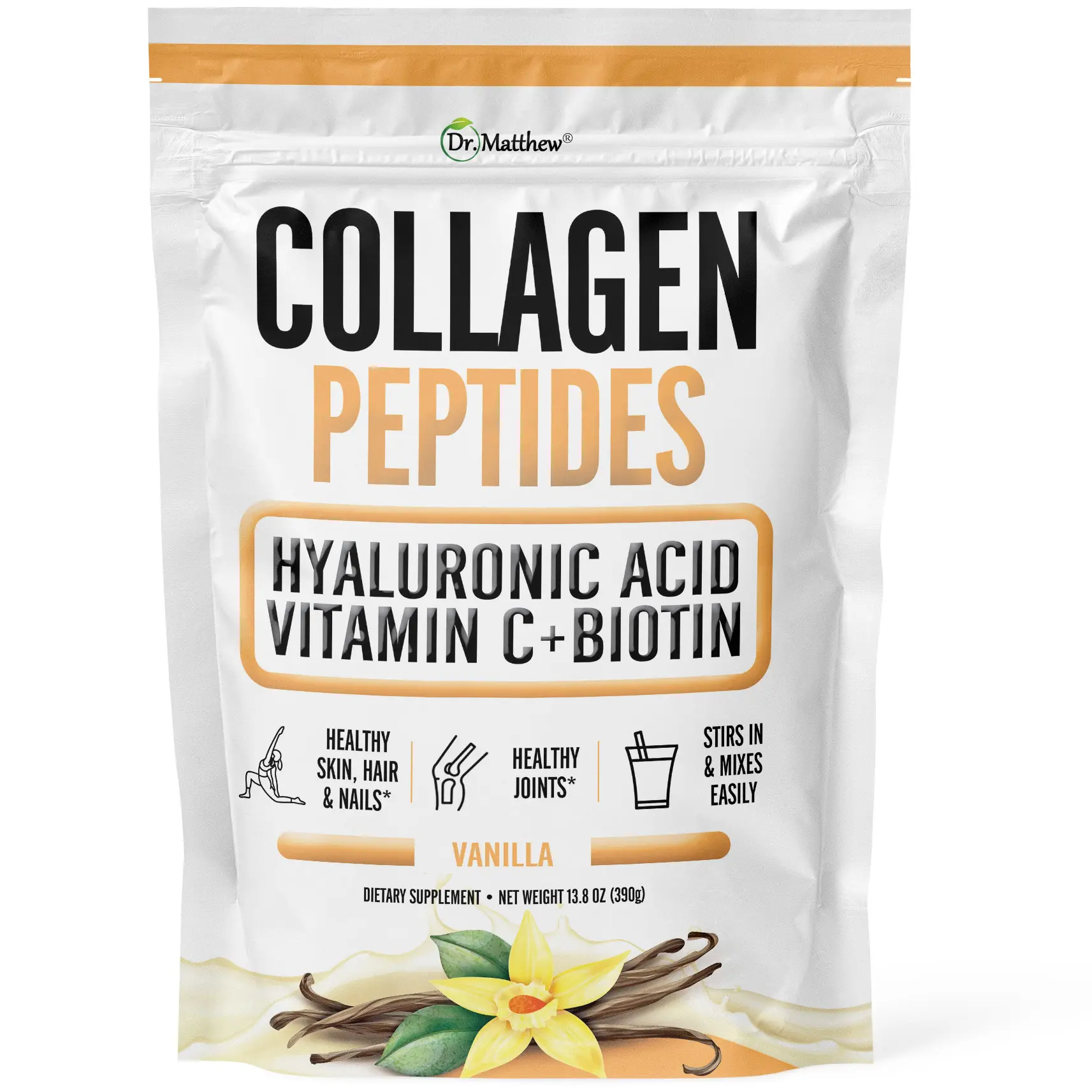 Vanilla Collagen Peptides Powder with Hyaluronic Acid, Vitamin C and Biotin for Skin, Hair, Joints and Nails Healthcare Natural