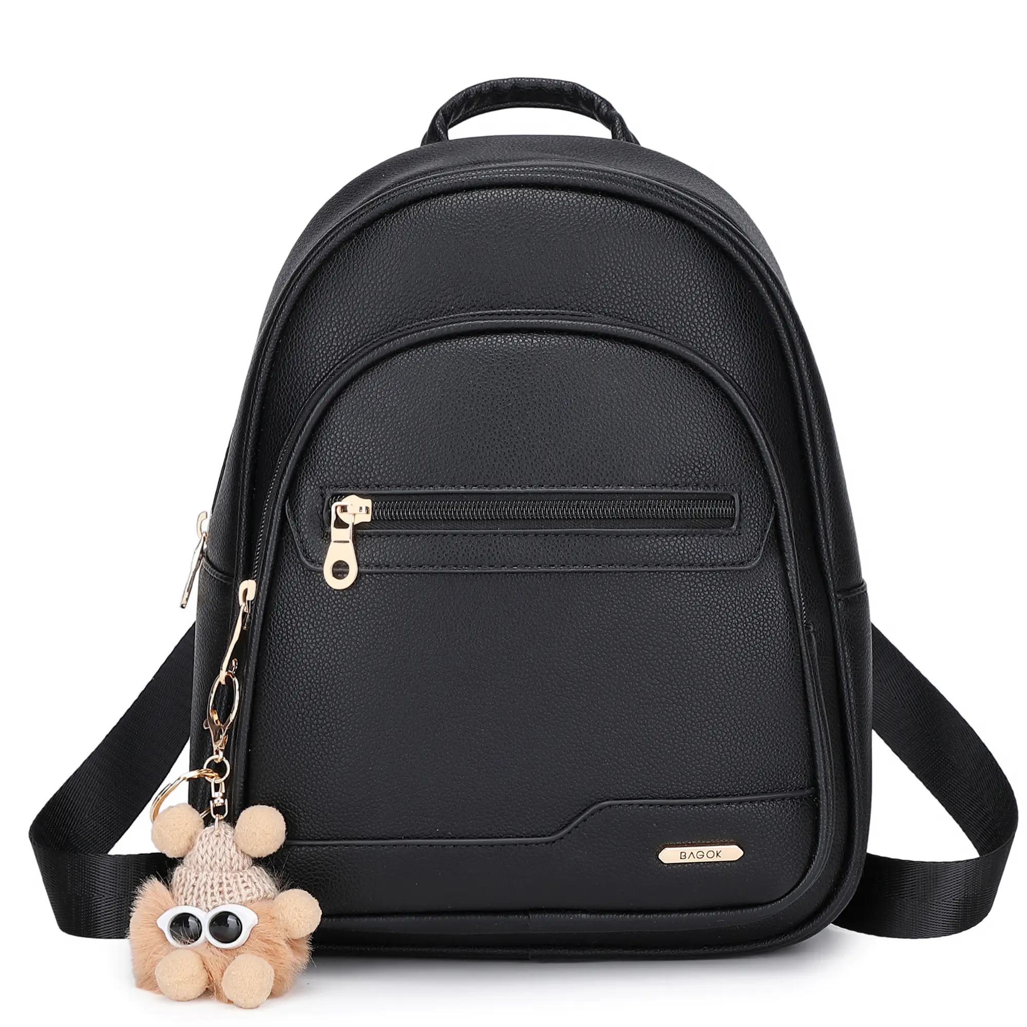 BAGOK Women's PU Leather Mini Backpack with Detachable Doll Charm Keychain, Waterproof, Compact Yet Functional, Large Capacity, 3-Zipper, Versatile Style, Back to School Bag, 24-Hour Customer Service