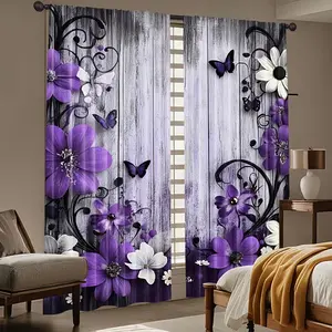 Wood Board Butterfly Flower Print Curtains, 2 Piece Set Modern Design, Durable Polyester Fabric, Ideal for Living Room and Bedroom Decor