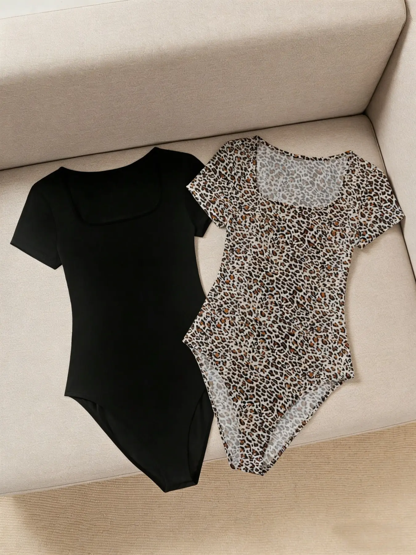 Sexy Chic Square Neck Short Sleeve Leopard Print/pure Bodysuit, Summer New Slim Fit Bodycon, Two-Piece Set for Women